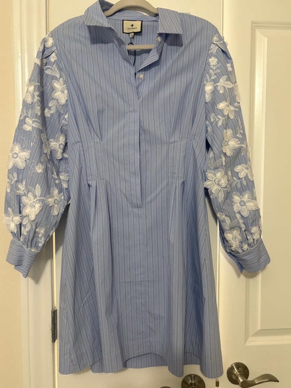 Tuckernuck Light Blue Pinstripe Dress with White Floral Lace Sleeves